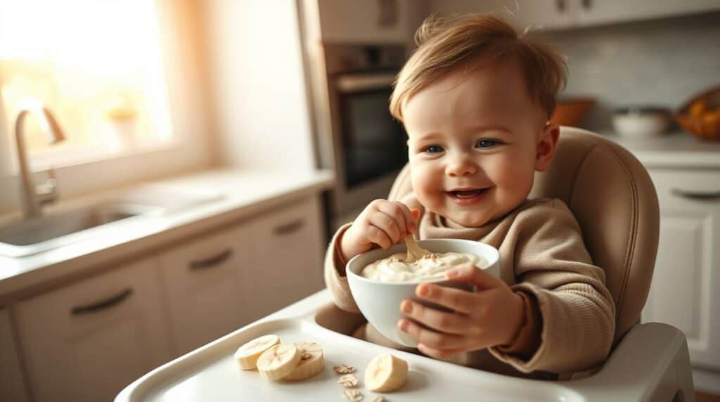 bebê comendo pure de Banana com Aveia para Bebês saudável e delicioso