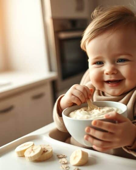 bebê comendo pure de Banana com Aveia para Bebês saudável e delicioso