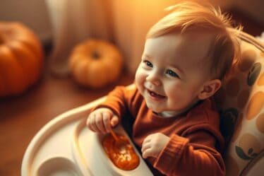 Bebê comendo Papinha de Abóbora para Bebês saudável e nutritiva