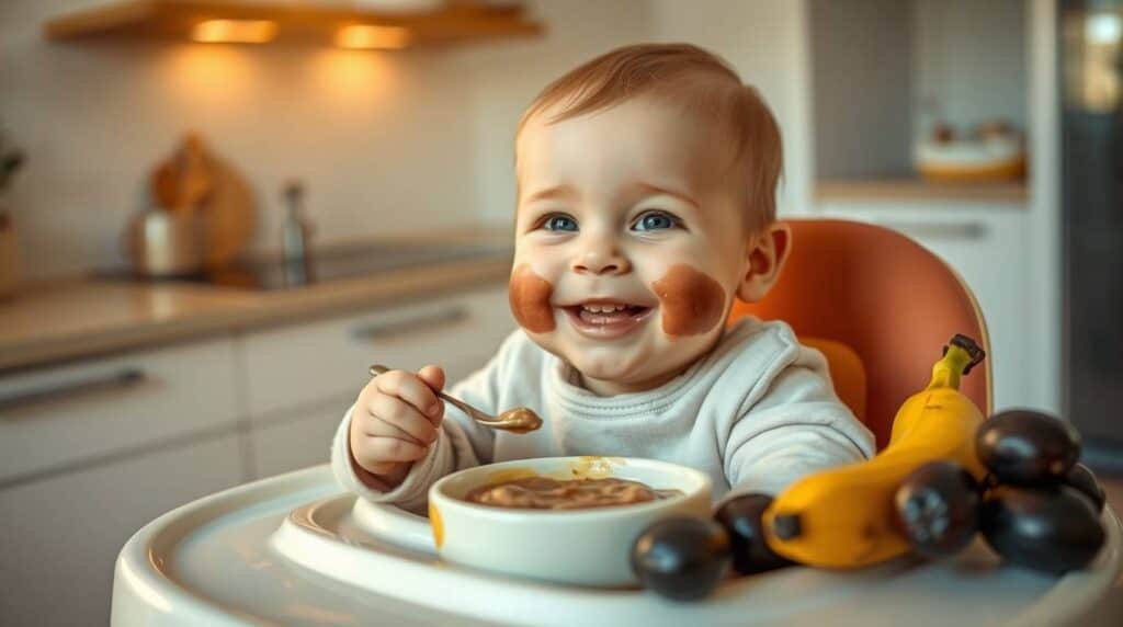 Bebê feliz na mesa comendo Papinha de Banana com Ameixa