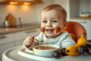 Bebê feliz na mesa comendo Papinha de Banana com Ameixa