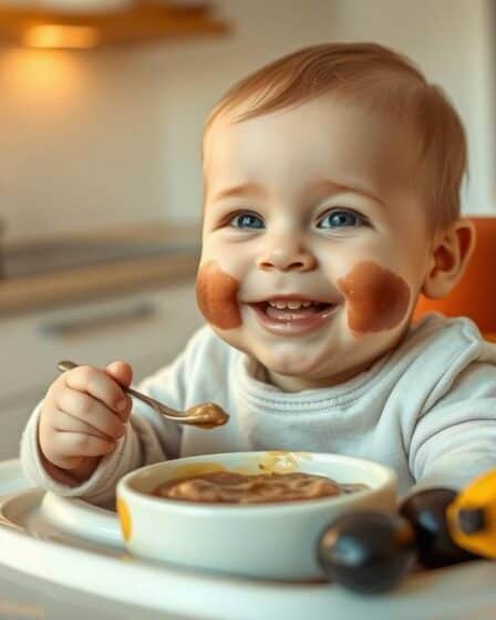 Bebê feliz na mesa comendo Papinha de Banana com Ameixa