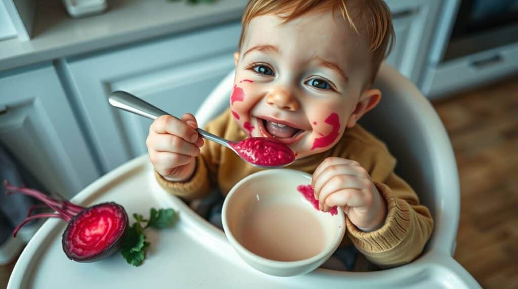bebê comendo delicosa Papinha de Beterraba para Bebês