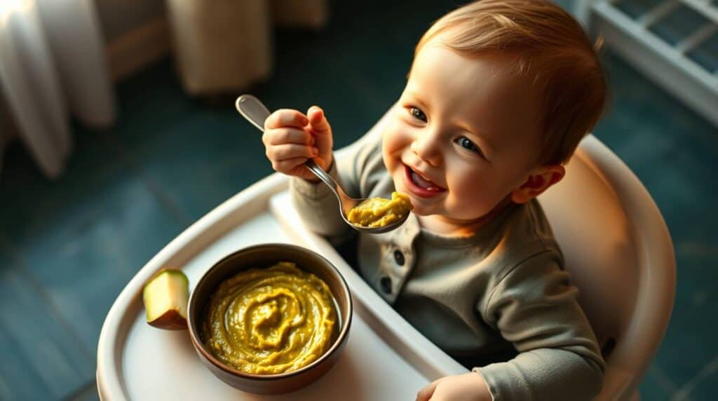 bebê comendo papinha de chuchu com cenoura saudável e nutritiva