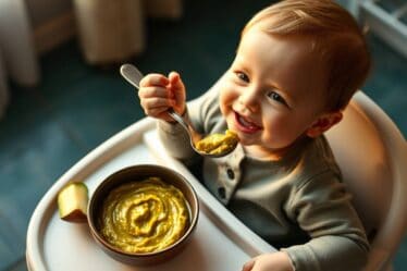 bebê comendo papinha de chuchu com cenoura saudável e nutritiva