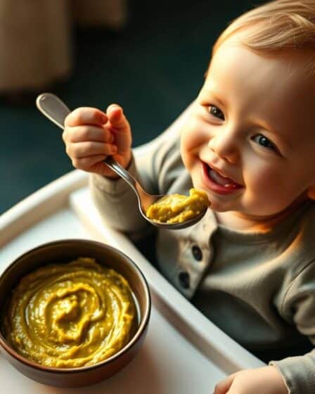 bebê comendo papinha de chuchu com cenoura saudável e nutritiva