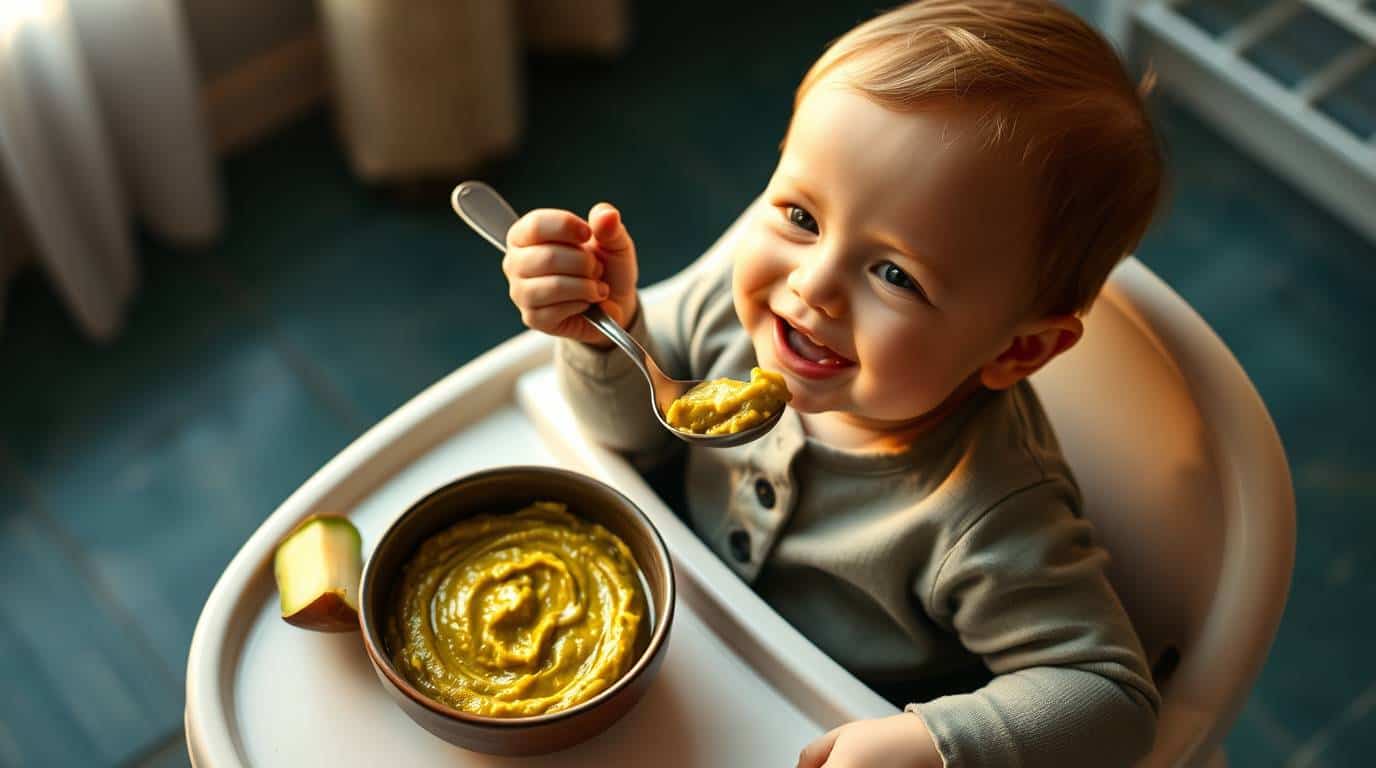 bebê comendo papinha de chuchu com cenoura saudável e nutritiva