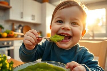 bebê sorridente comendo Papinha de Frango com Legumes