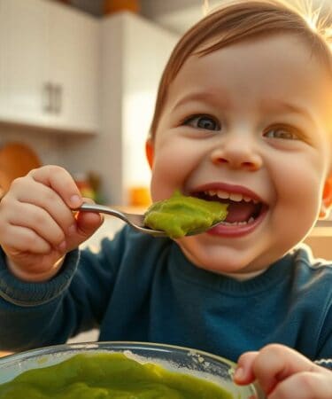 bebê sorridente comendo Papinha de Frango com Legumes