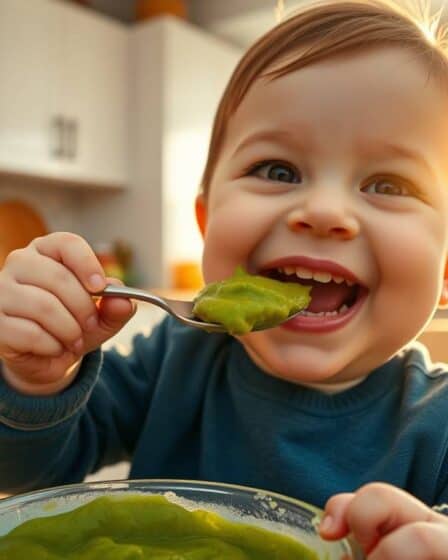 bebê sorridente comendo Papinha de Frango com Legumes