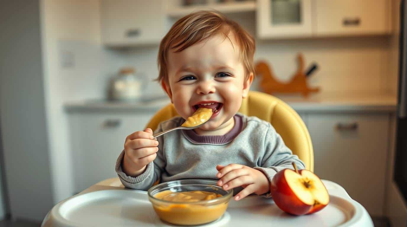 Bebê comendo Papinha de Maçã Cozida