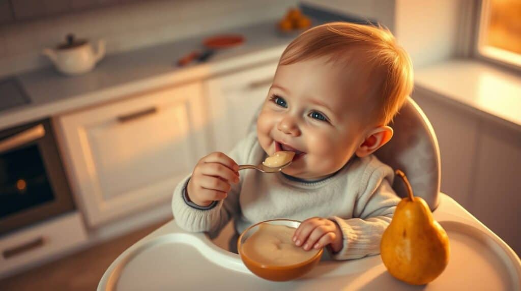 bebê comendo sentado Papinha de Purê de Pera receita saudável e nutritiva