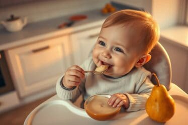 bebê comendo sentado Papinha de Purê de Pera receita saudável e nutritiva
