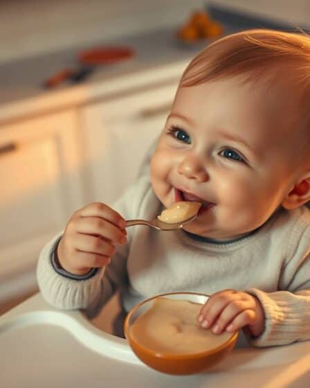 bebê comendo sentado Papinha de Purê de Pera receita saudável e nutritiva