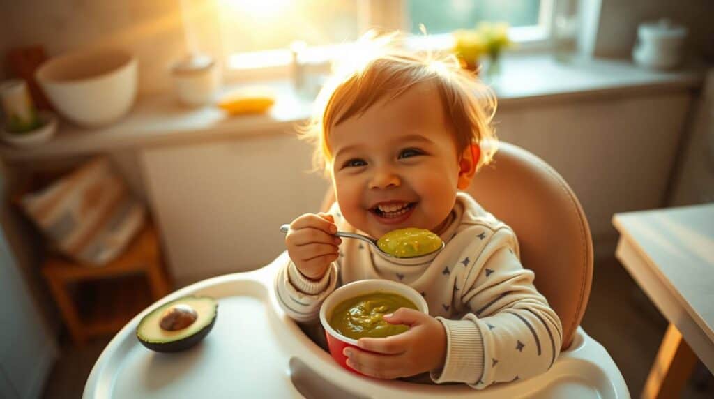 Bebê sorrindo e comendo Purê de Abacate para Bebês