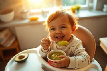 Bebê sorrindo e comendo Purê de Abacate para Bebês