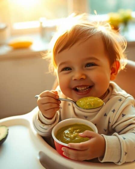 Bebê sorrindo e comendo Purê de Abacate para Bebês