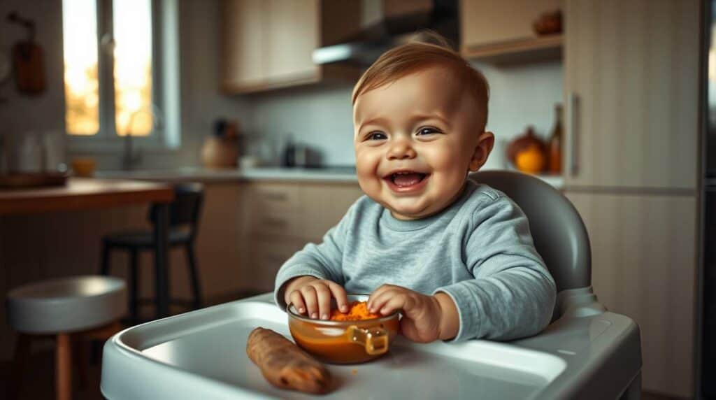 bebê comendo papinha nutritiva de Purê de Batata Doce receita saudável