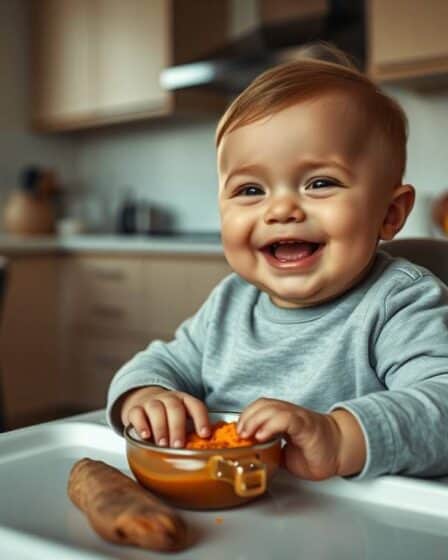 bebê comendo papinha nutritiva de Purê de Batata Doce receita saudável