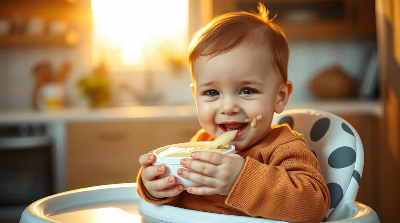 Bebê comendo Purê de Batata com Frango