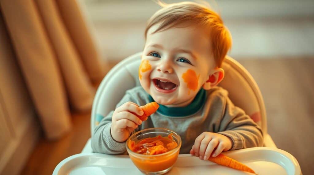 Bebê comendo papinha Purê de Cenoura para Bebês saudável e nutritiva