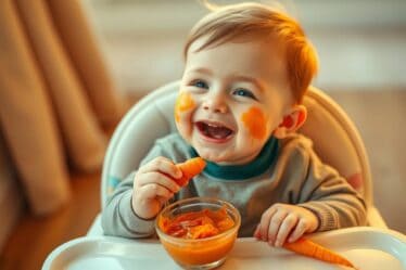 Bebê comendo papinha Purê de Cenoura para Bebês saudável e nutritiva