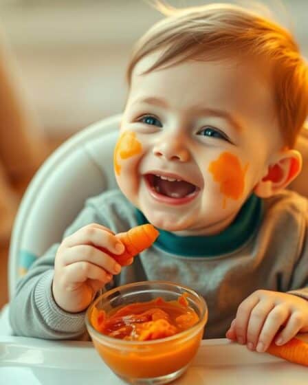 Bebê comendo papinha Purê de Cenoura para Bebês saudável e nutritiva