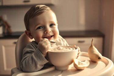 Bebê sentado na mesa e comendo um delicioso Purê de Mandioquinha para Bebês