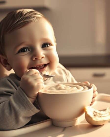 Bebê sentado na mesa e comendo um delicioso Purê de Mandioquinha para Bebês