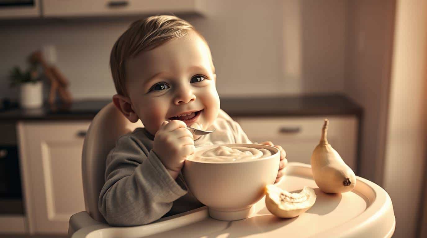 Bebê sentado na mesa e comendo um delicioso Purê de Mandioquinha para Bebês